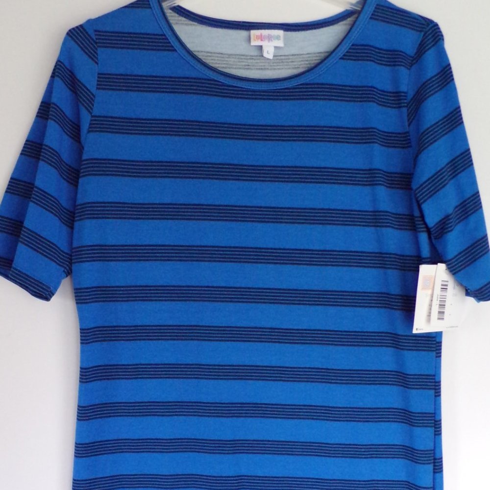 LuLaRoe Julia Tshirt Dress Royal Blue Black Stripes NWT Size Large